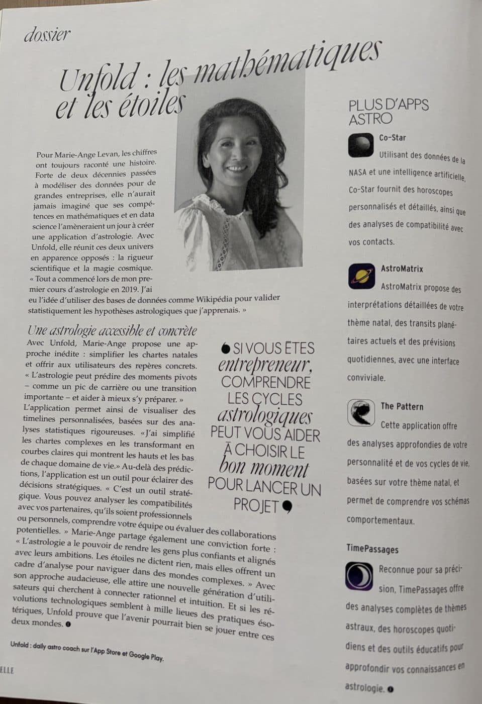 ELLE Belgique article about Marie-Ange: mathematics and the stars