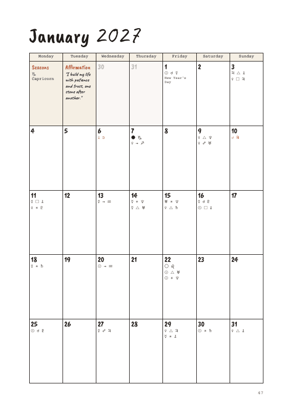 The month on one page