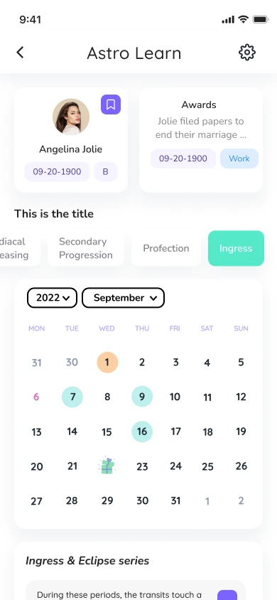 Astrolearn app screen: the turning points of the year on a calendar