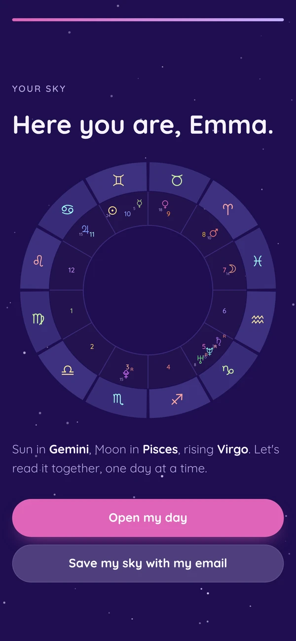 AstroNum app screen: your birth chart in plain words